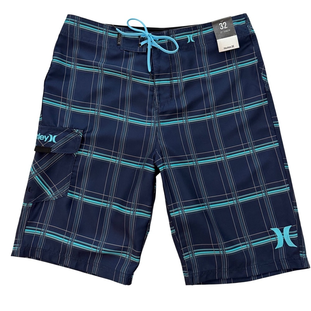 NWT Hurley Board Shorts Size 32 Navy Blue Turquoise Plaid Swim Trunks 22 Length
